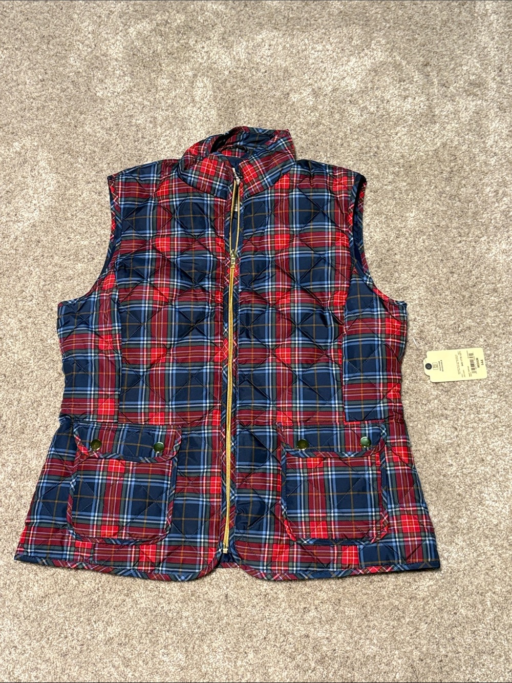 Navy Quilted Vest with Red Plaid